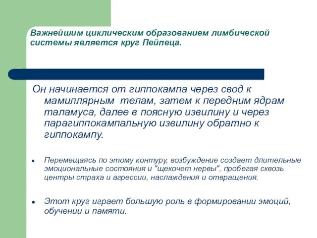 Важнейшим циклическим образованием лимбической системы является круг Пейпеца. Он начинается от гиппокампа