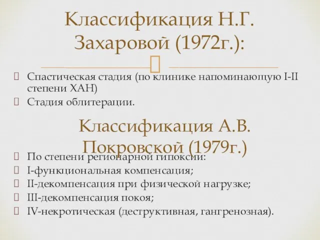 Спастическая стадия (по клинике напоминающую Ι-ΙΙ степени ХАН) Стадия облитерации. По степени