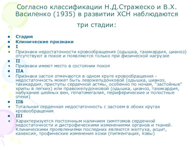 Согласно классификации Н.Д.Стражеско и В.Х.Василенко (1935) в развитии ХСН наблюдаются три стадии: