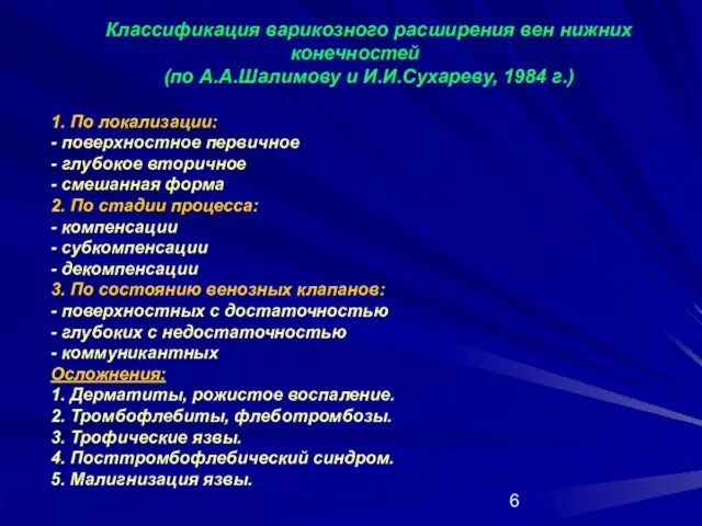 Классификация варикозного расширения вен нижних конечностей (по А.А.Шалимову и И.И.Сухареву, 1984 г.)