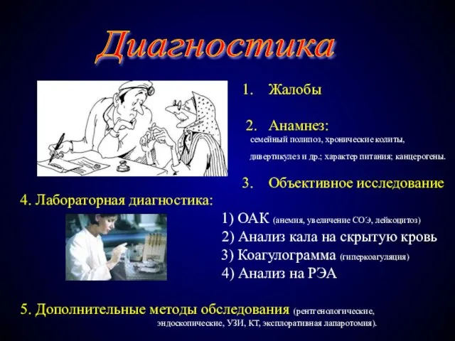 Диагностика Жалобы 2. Анамнез: семейный полипоз, хронические колиты, дивертикулез и др.; характер