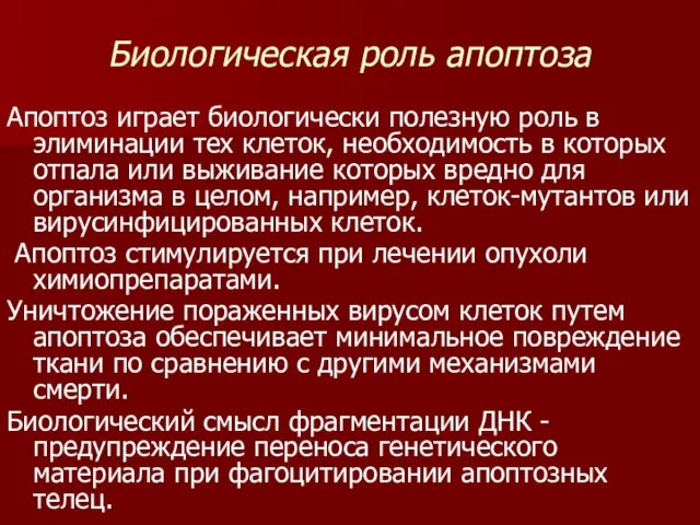 Биологическая роль апоптоза Апоптоз играет биологически полезную роль в элиминации тех клеток,