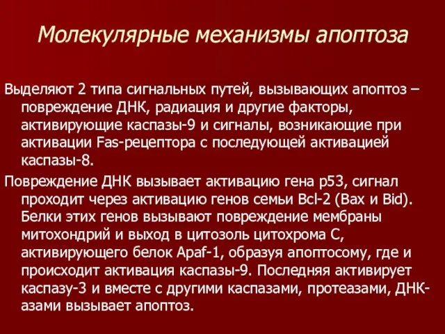 Молекулярные механизмы апоптоза Выделяют 2 типа сигнальных путей, вызывающих апоптоз – повреждение