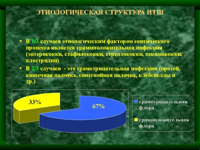 ЭТИОЛОГИЧЕСКАЯ СТРУКТУРА ИТШ В 1/3 случаев этиологическим фактором септического процесса является граммположительная