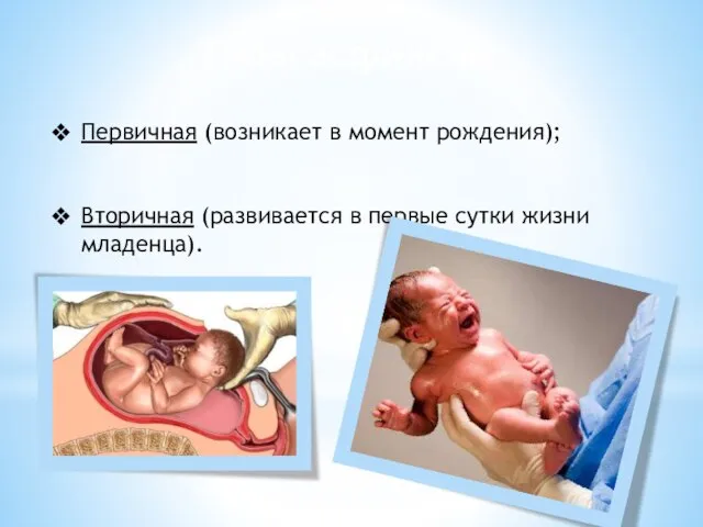 Типы асфиксий Первичная (возникает в момент рождения); Вторичная (развивается в первые сутки жизни младенца).