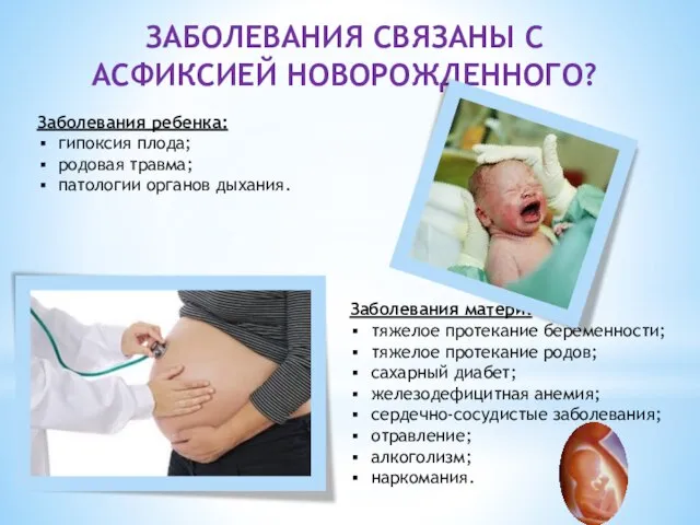 Заболевания ребенка: гипоксия плода; родовая травма; патологии органов дыхания. заболевания связаны с