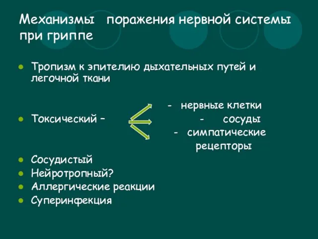 Механизмы поражения нервной системы при гриппе Тропизм к эпителию дыхательных путей и