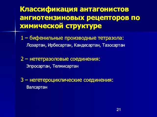 Классификация антагонистов ангиотензиновых рецепторов по химической структуре 1 – бифенильные производные тетразола: