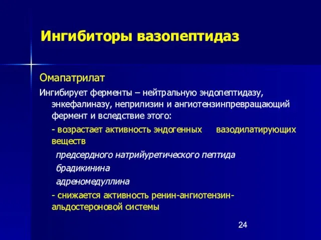 Ингибиторы вазопептидаз Омапатрилат Ингибирует ферменты – нейтральную эндопептидазу, энкефалиназу, неприлизин и ангиотензинпревращающий