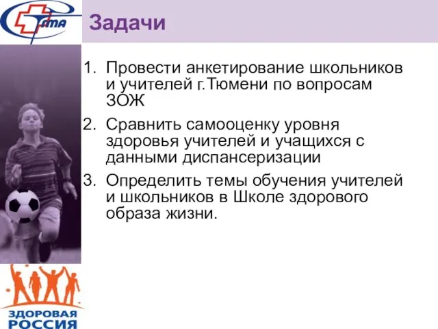 Задачи Провести анкетирование школьников и учителей г.Тюмени по вопросам ЗОЖ Сравнить самооценку