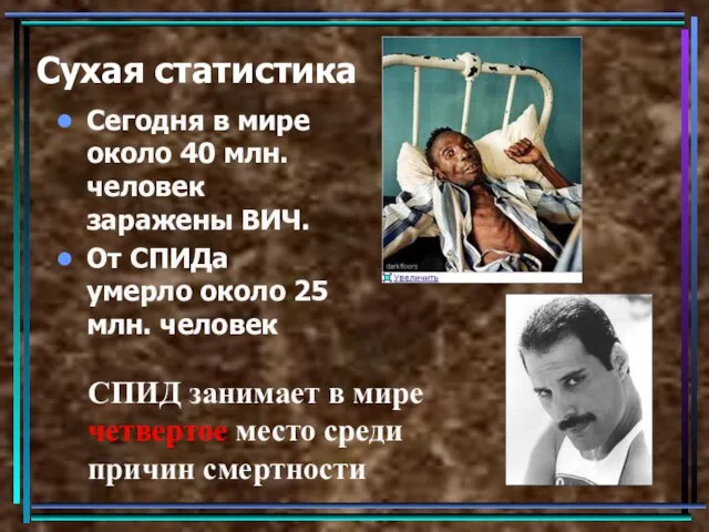 Сухая статистика Сегодня в мире около 40 млн. человек заражены ВИЧ. От