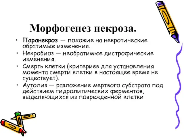 Морфогенез некроза. Паранекроз — похожие на некротические обратимые изменения. Некробиоз — необратимые