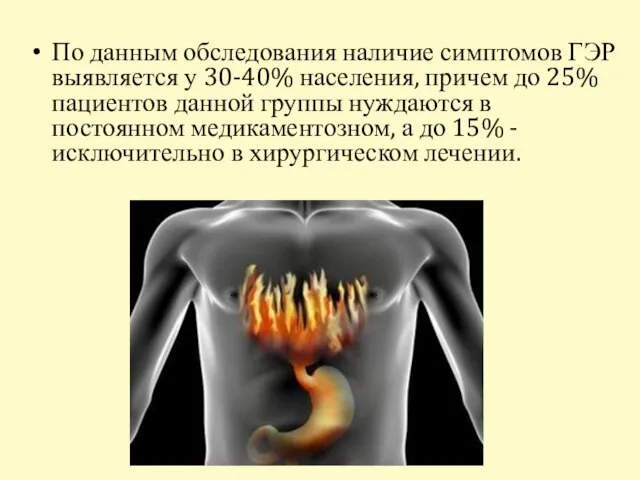 По данным обследования наличие симптомов ГЭР выявляется у 30-40% населения, причем до