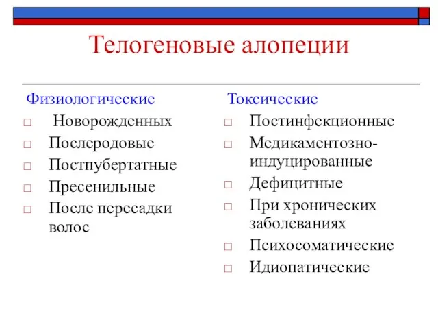 Телогеновые алопеции Физиологические Новорожденных Послеродовые Постпубертатные Пресенильные После пересадки волос Токсические Постинфекционные