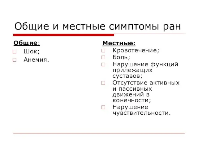 Общие и местные симптомы ран Общие: Шок; Анемия. Местные: Кровотечение; Боль; Нарушение