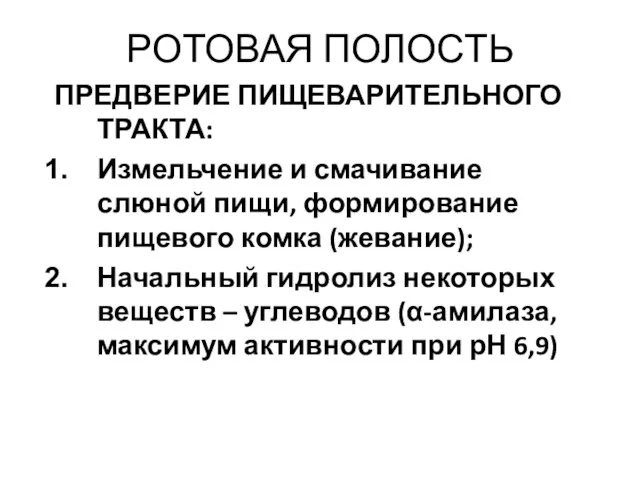 РОТОВАЯ ПОЛОСТЬ ПРЕДВЕРИЕ ПИЩЕВАРИТЕЛЬНОГО ТРАКТА: Измельчение и смачивание слюной пищи, формирование пищевого