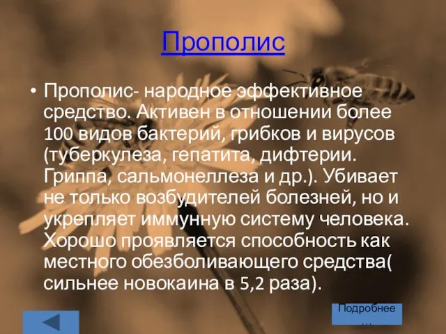 Прополис Прополис- народное эффективное средство. Активен в отношении более 100 видов бактерий,