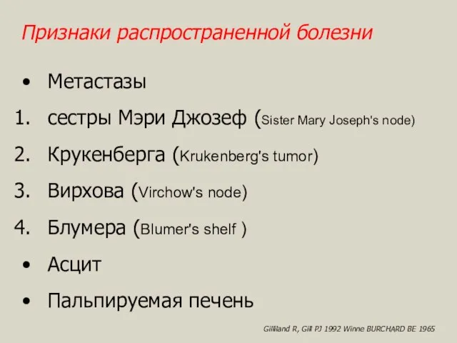 Признаки распространенной болезни Метастазы сестры Мэри Джозеф (Sister Mary Joseph's node) Крукенберга