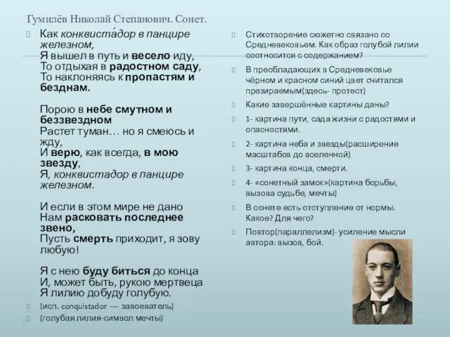 Гумилёв Николай Степанович. Сонет. Как конквиста́дор в панцире железном, Я вышел в