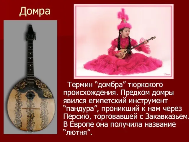 Домра Термин “домбра” тюркского происхождения. Предком домры явился египетский инструмент “пандура”, проникший