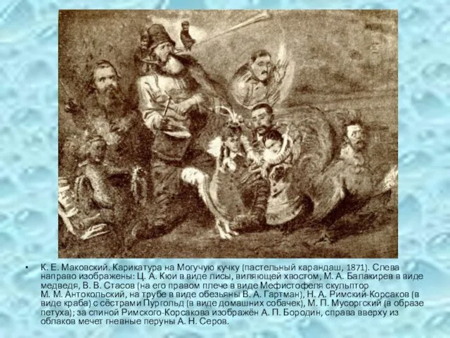 К. Е. Маковский. Карикатура на Могучую кучку (пастельный карандаш, 1871). Слева направо