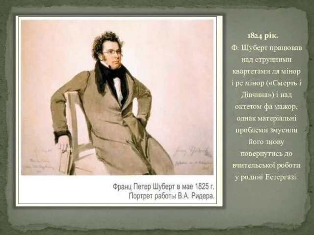 1824 рік. Ф. Шуберт працював над струнними квартетами ля мінор і ре