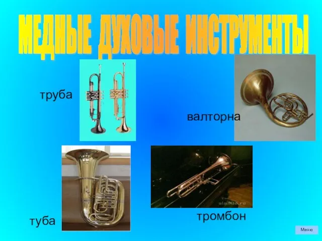 МЕДНЫЕ ДУХОВЫЕ ИНСТРУМЕНТЫ Меню труба тромбон туба валторна