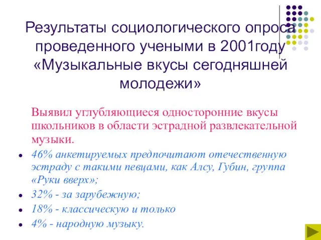 Результаты социологического опроса проведенного учеными в 2001году «Музыкальные вкусы сегодняшней молодежи» Выявил