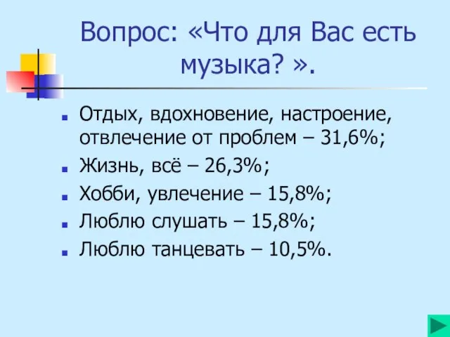 Вопрос: «Что для Вас есть музыка? ». Отдых, вдохновение, настроение, отвлечение от