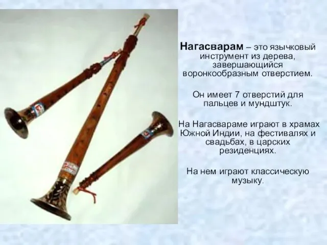 Нагасварам – это язычковый инструмент из дерева,завершающийся воронкообразным отверстием. Он имеет 7