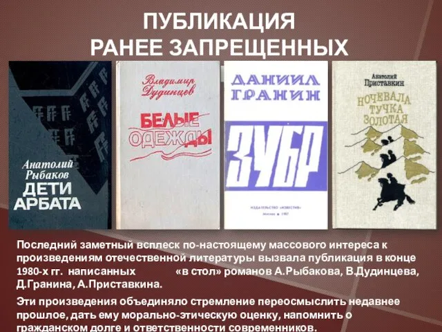 ПУБЛИКАЦИЯ РАНЕЕ ЗАПРЕЩЕННЫХ ПРОИЗВЕДЕНИЙ Последний заметный всплеск по-настоящему массового интереса к произведениям