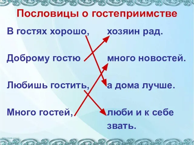 Пословицы о гостеприимстве В гостях хорошо, Доброму гостю Любишь гостить, Много гостей,