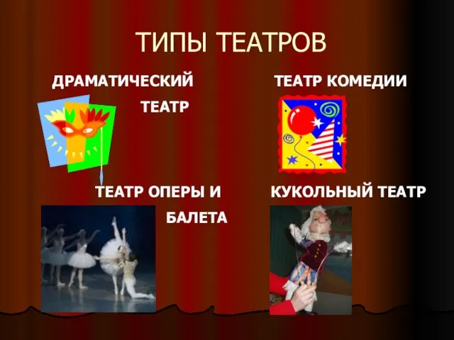 ТИПЫ ТЕАТРОВ КУКОЛЬНЫЙ ТЕАТР ДРАМАТИЧЕСКИЙ ТЕАТР ТЕАТР КОМЕДИИ ТЕАТР ОПЕРЫ И БАЛЕТА