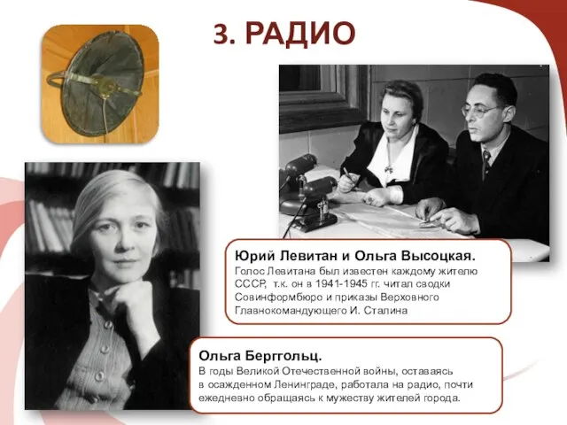 3. РАДИО Юрий Левитан и Ольга Высоцкая. Голос Левитана был известен каждому