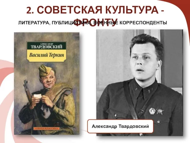 2. СОВЕТСКАЯ КУЛЬТУРА - ФРОНТУ ЛИТЕРАТУРА, ПУБЛИЦИСТИКА, ВОЕННЫЕ КОРРЕСПОНДЕНТЫ Александр Твардовский