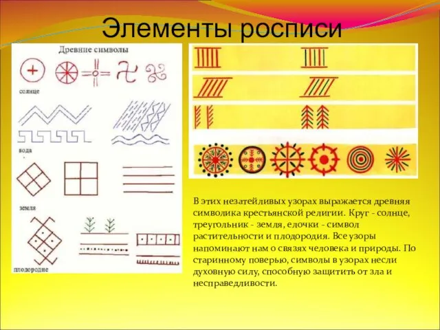 Элементы росписи В этих незатейливых узорах выражается древняя символика крестьянской религии. Круг