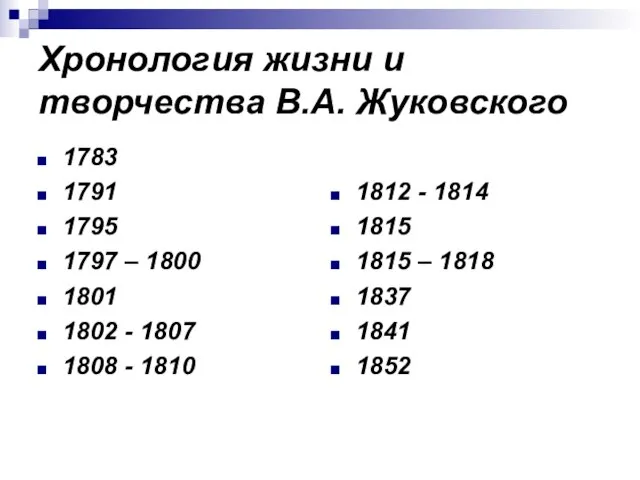 Хронология жизни и творчества В.А. Жуковского 1783 1791 1795 1797 – 1800