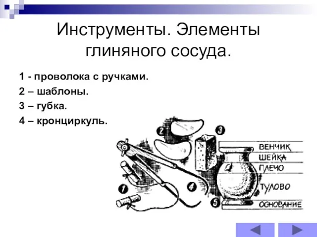 Инструменты. Элементы глиняного сосуда. 1 - проволока с ручками. 2 – шаблоны.