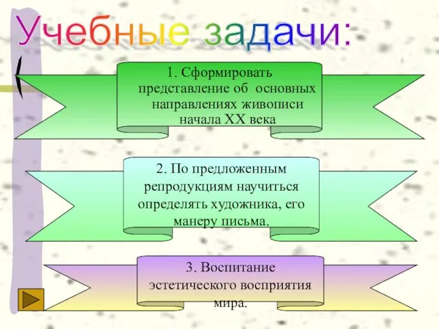 Учебные задачи: 1. Сформировать представление об основных направлениях живописи начала ХХ века