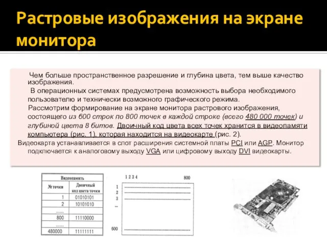 Растровые изображения на экране монитора Чем больше пространственное разрешение и глубина цвета,