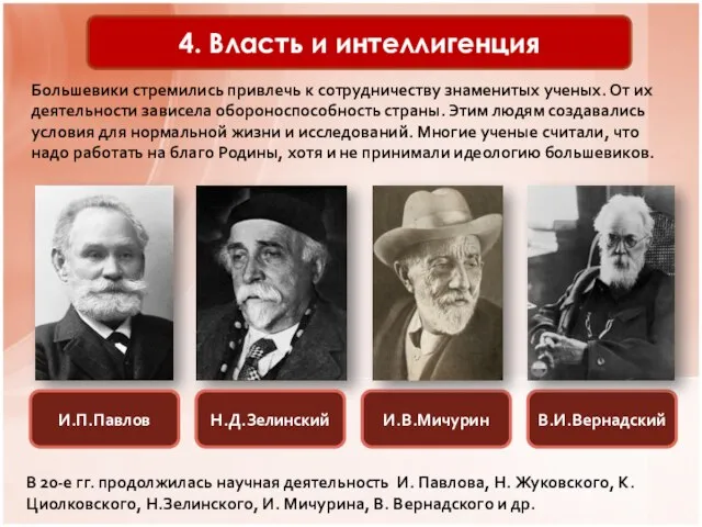 4. Власть и интеллигенция Большевики стремились привлечь к сотрудничеству знаменитых ученых. От