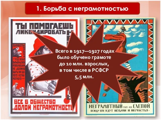 Советские агитационные плакаты 1920-х гг. 1. Борьба с неграмотностью Всего в 1917—1927