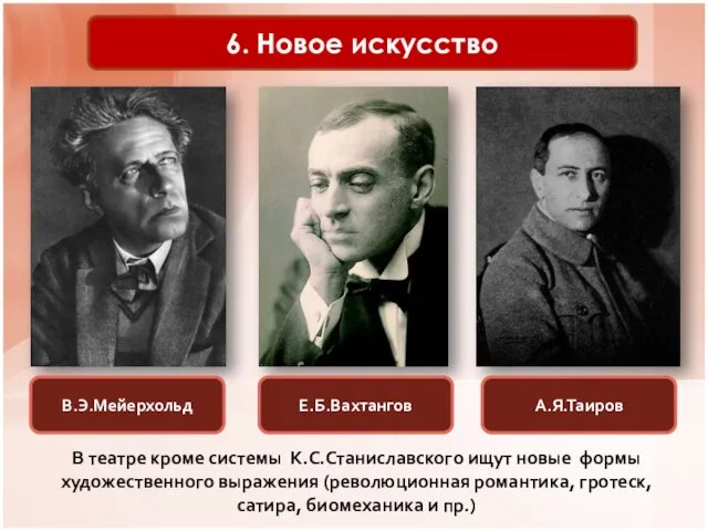 6. Новое искусство В.Э.Мейерхольд Е.Б.Вахтангов А.Я.Таиров В театре кроме системы К.С.Станиславского ищут