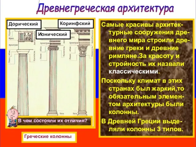 Самые красивы архитек-турные сооружения дре-внего мира строили дре-вние греки и древние римляне.За