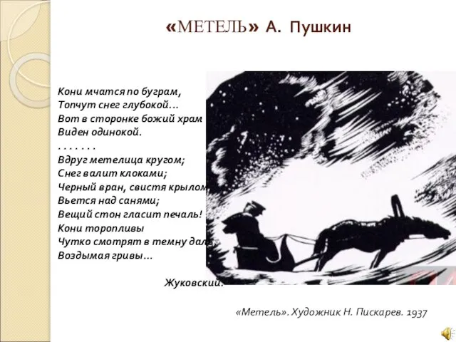 «МЕТЕЛЬ» А. Пушкин Кони мчатся по буграм, Топчут снег глубокой... Вот в