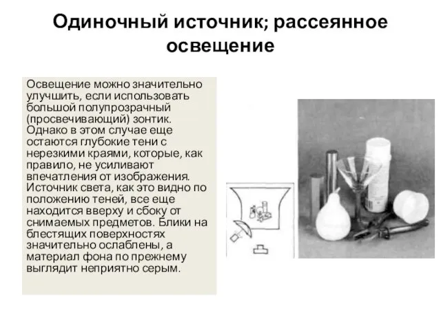 Одиночный источник; рассеянное освещение Освещение можно значительно улучшить, если использовать большой полупрозрачный