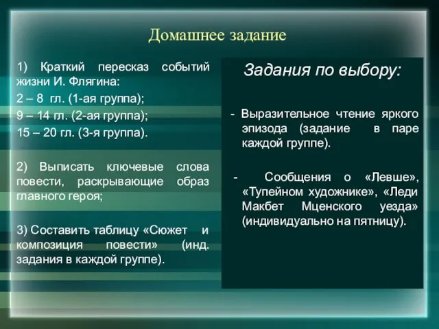 Домашнее задание 1) Краткий пересказ событий жизни И. Флягина: 2 – 8