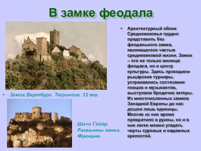 В замке феодала Замок Вартбург. Тюрингия. 12 век Архитектурный облик Средневековья трудно