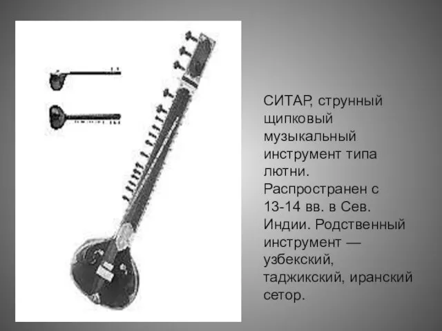 СИТАР, струнный щипковый музыкальный инструмент типа лютни. Распространен с 13-14 вв. в