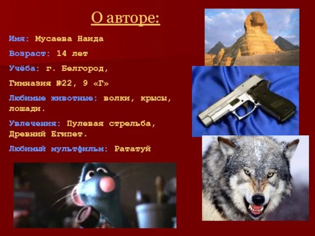 О авторе: Имя: Мусаева Наида Возраст: 14 лет Учёба: г. Белгород, Гимназия